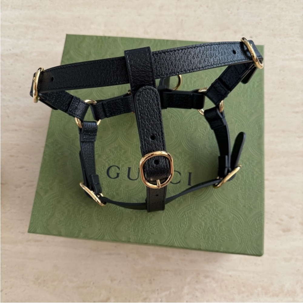 NWB Gucci GG Logo Leather Pet - Dog Black Harness Size L